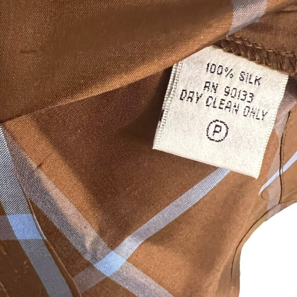 Linea By Louis DellOlio Womens Brown Checkered Silk Button-Up Shirt M - Picture 4 of 5